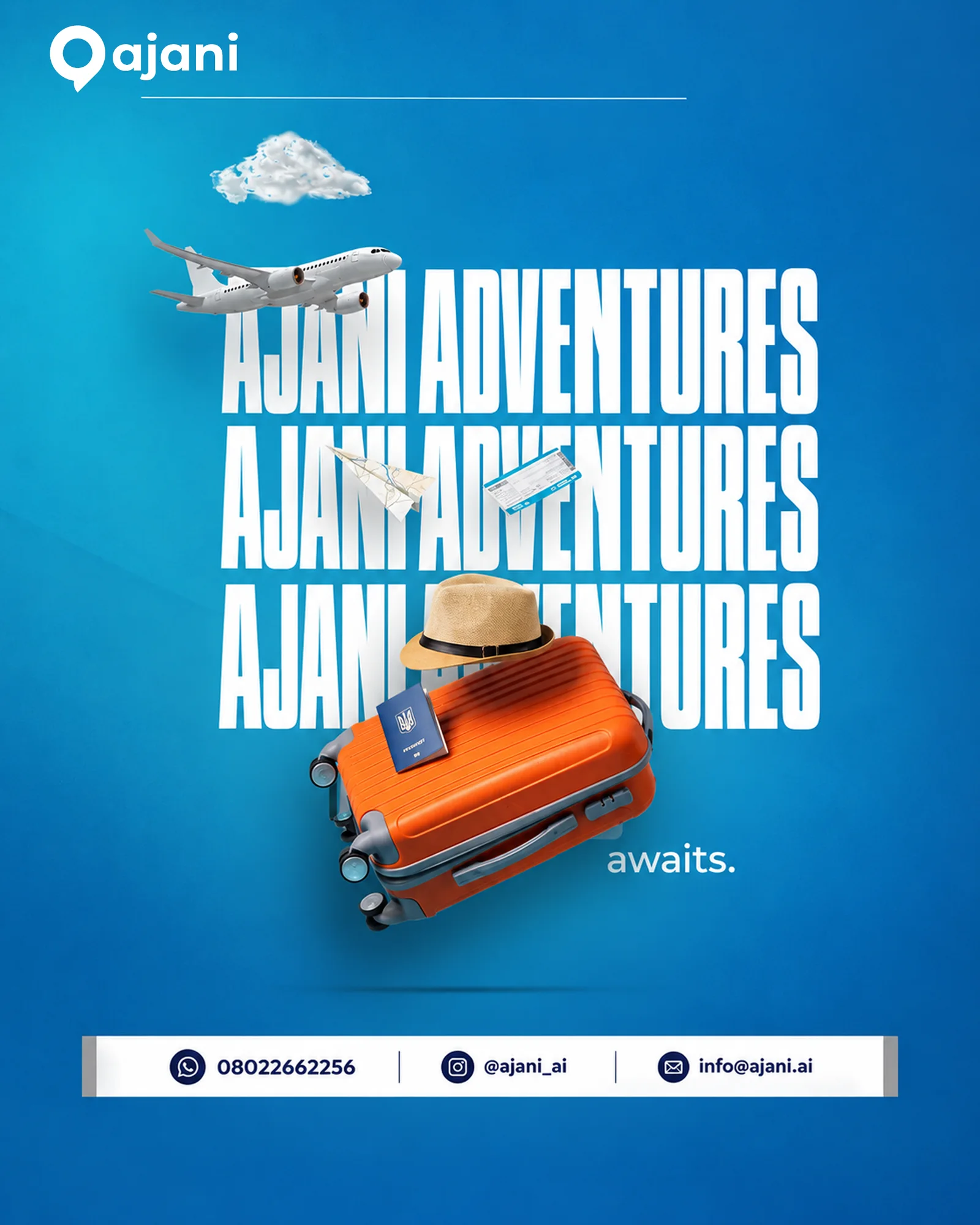 Ajani Adventures awaits: a packed suitcase, sun hat and passport beneath a plane