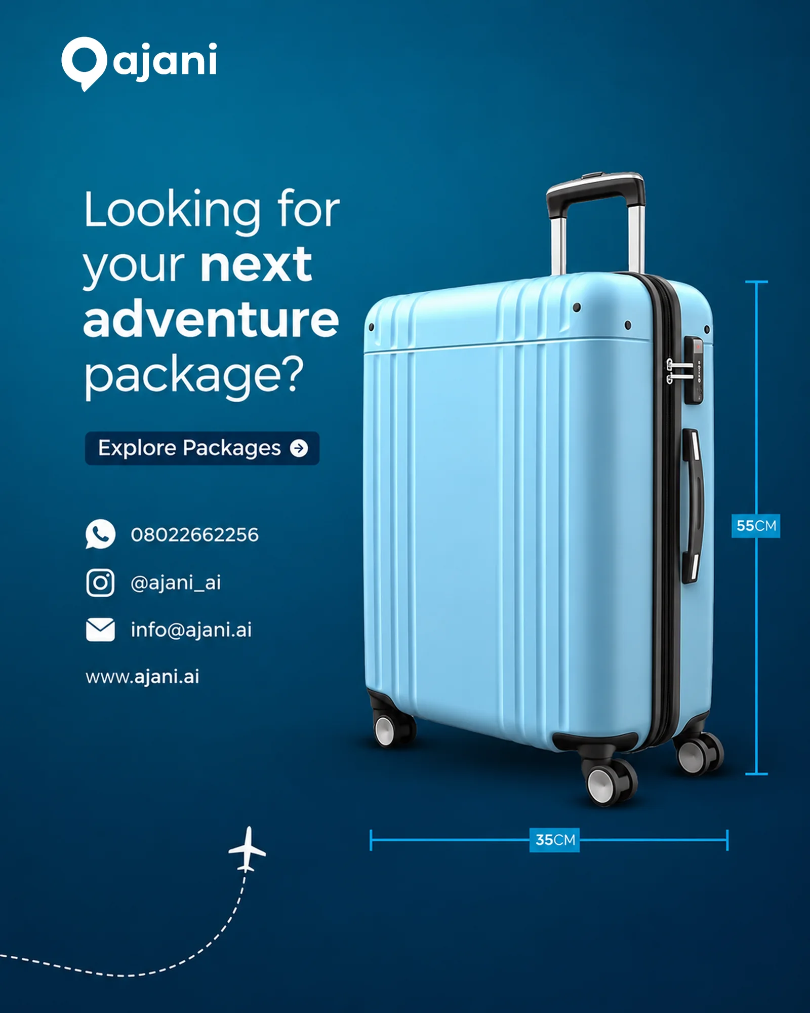 Looking for your next adventure package? A blue travel suitcase with the ajani contact details